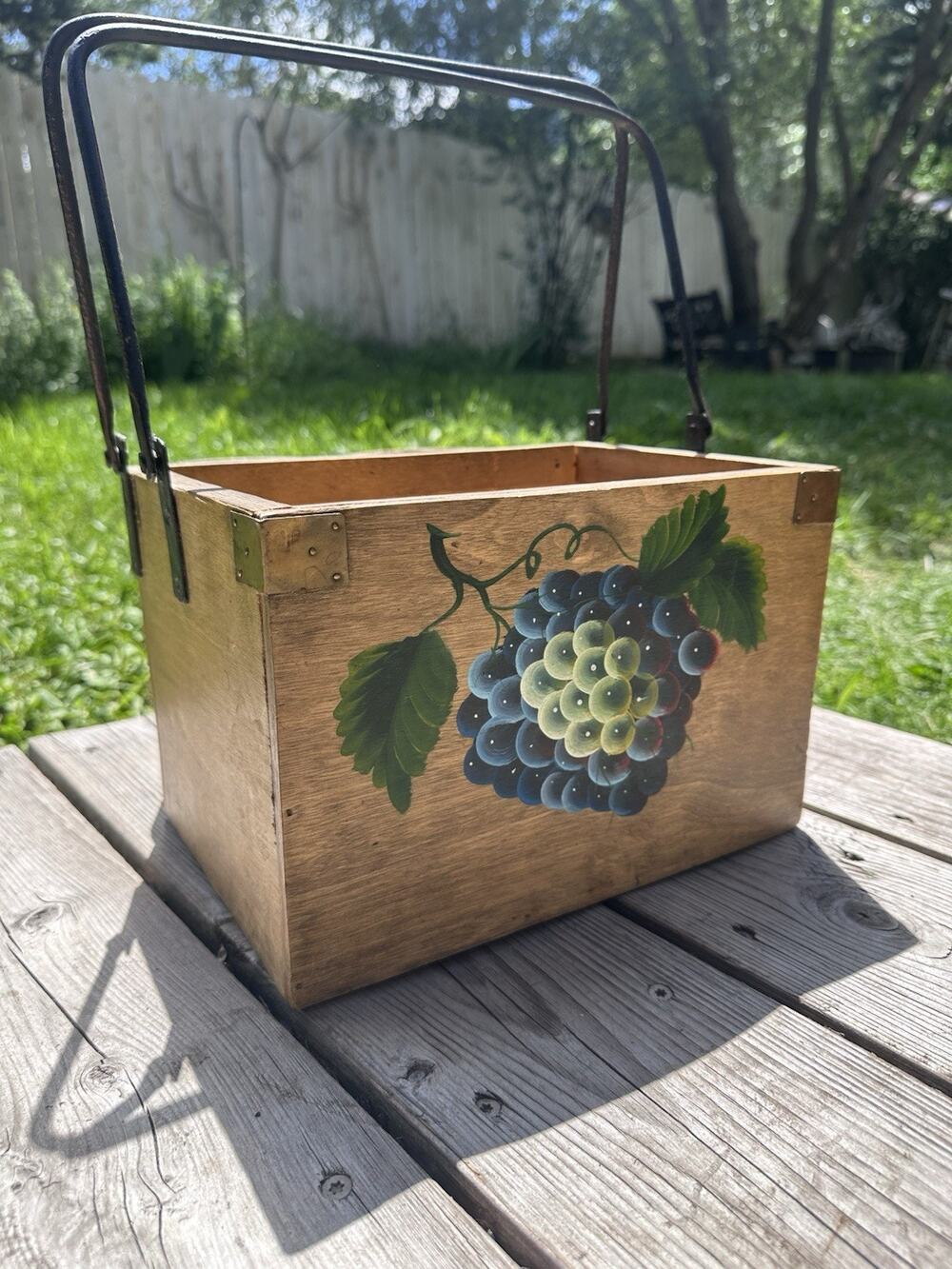 Vintage Wooden Picnic Basket With Cupholders Hand Painted Grapes Metal Handle